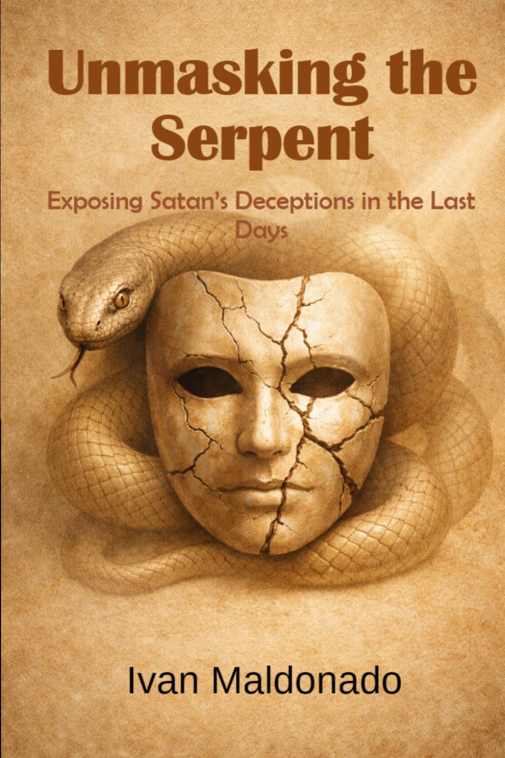 Sepia-toned cover of Unmasking the Serpent, featuring a snake surrounding a cracked mask.